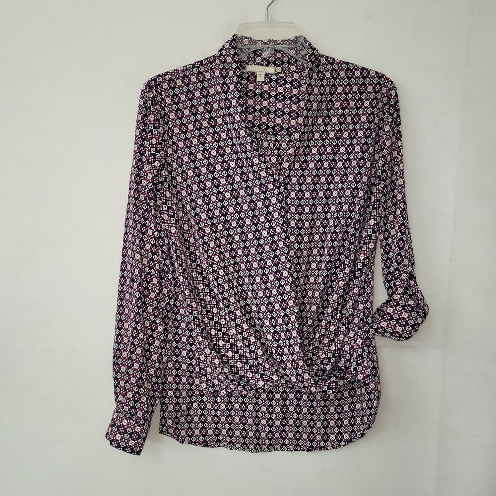 Pleione Women Navy Pink Geometric Diamond Surplice Wrap Front Blouse Small 55297
